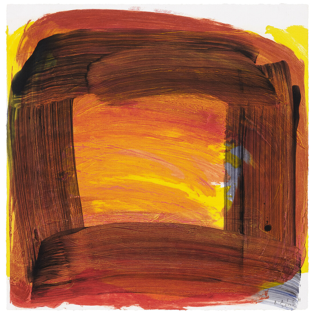 Howard Hodgkin, Sundown, 2014, Hand-painted carborundum relief, Paper and Image 88.0 x 88.0 cm, Edition of 24, courtesy the artist and Alan Cristea Gallery, London