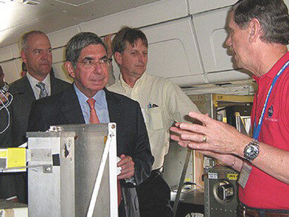 The President of Costa Rica, Oscar Arias Sanchez, center left, toured the NASA DC-8 on July 27 during the NASA Tropical Composition Cloud and Climate Coupling (TC4) campaign. Dr. Ed Browell, senior research scientist at NASA Langley