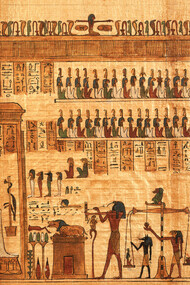 Osiride, Thot, Anubi, Maat, Horus, Ammit, durante la psicostasia, Cat. N 3096, Louvre, Parigi