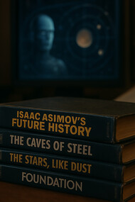 A symbolic still life of Asimov’s legacy, where worn volumes meet futuristic visions of robots and galaxies