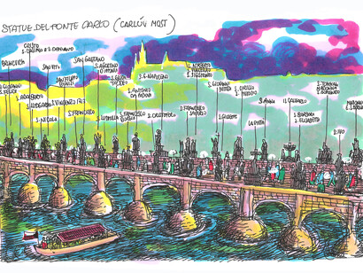 Le statue di Ponte Carlo, pantoni e pennarelli su carta, 2019 (tratto da Ritorno a Praga, dei Merangoli)