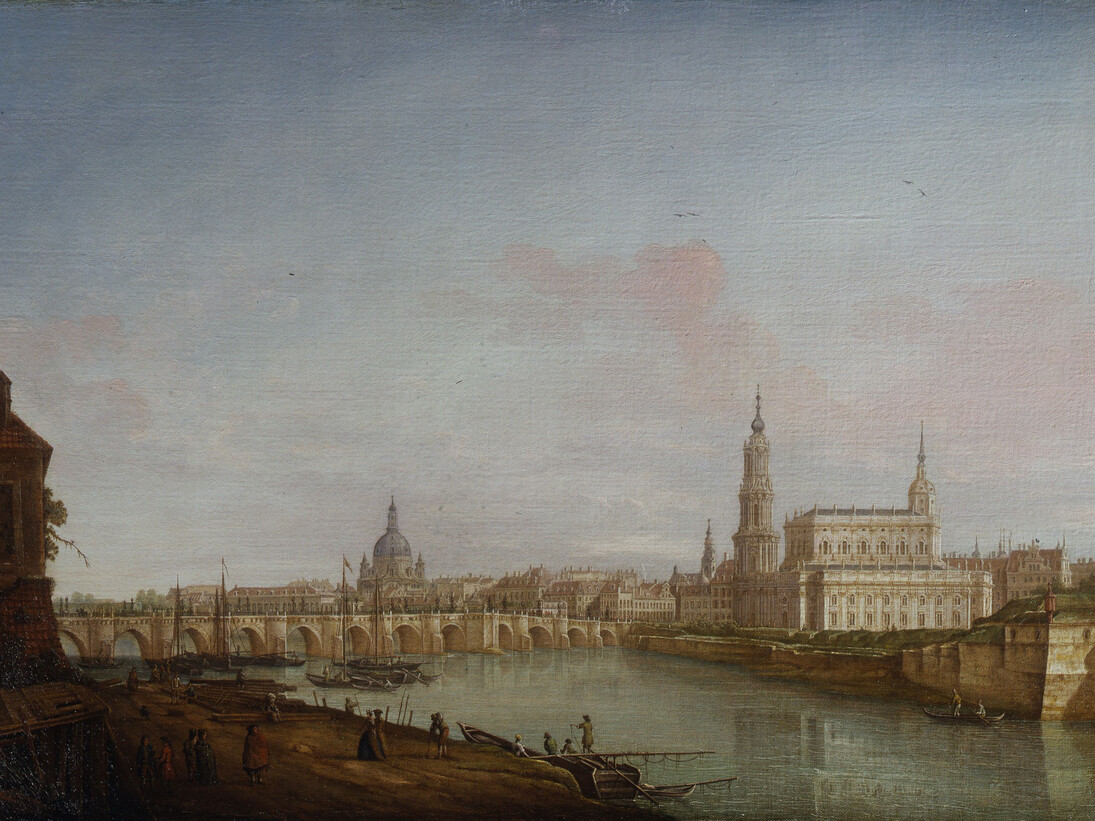 Pietro Bellotti, Venice 1725 - c.1800 France, Venetian School, A View of Dresden from the Right Bank of the Elbe, Oil on Canvas, 24 x 34 5/8 inches (61 x 88 cms)