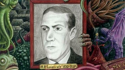 Ritratto di H. P. Lovecraft circondato dalle creature del Mito di Cthulhu da lui inventate, opera di Dominique Signoret