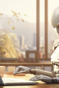Office scene with a robot carrying out human work duties