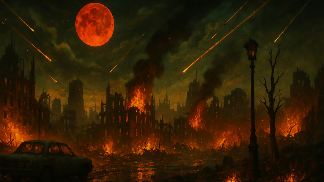 A once-thriving city now burns under a blood-red moon, its ruins swallowed by fire and falling stars—a silent witness to the end written in ash and sky