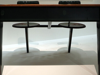 School bench designed by Jean Prouvé in the Musée national d'art moderne, Paris, France