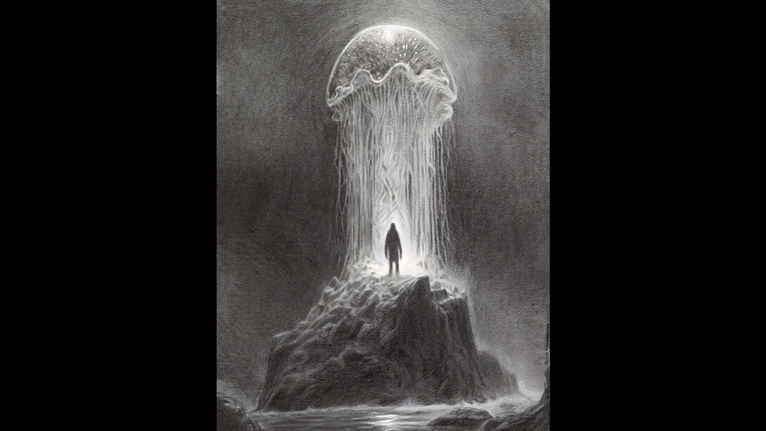 Scott Musgrove, Dave sees a Jellyfish, 2023, charcoal on paper, 28x33 cm, copyright the artist. Courtesy the artist and Dorothy Circus Gallery, London