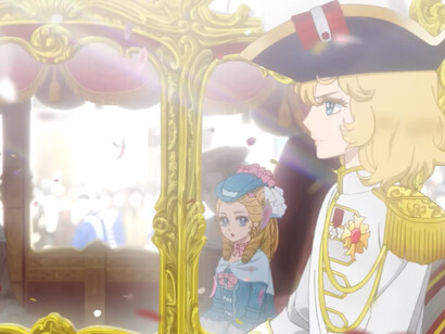 Oscar and Marie Antoinette surrounded by ornate gold and drifting petals in The Rose of Versailles, representing the rebirth of one of anime’s most influential historical epics