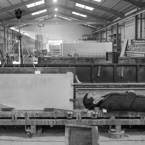 Eugenio Merino, Sculpture of Federico García Lorca prepared to be placed in the mold for cement bench production, furniture factory Urbano, Girona, July 24, 2024. Courtesy of ADN Galería. Photo by Marc Calleja