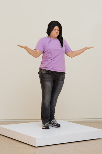 Muebles, (2015), a series of cast-resin, life-size pieces of furniture that are in the shape of migrant workers, representing stereotypes of the Mexican identity
 
