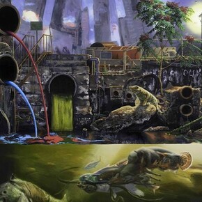 Alexis Rockman, Gowanus, 2013, oil on wood, 72 x 90 inches, Courtesy Sperone Westwater, New York