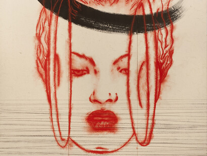 Omar Galliani, Lontani da Xian, 2009, inchiostro su carta seta con fregi in oro, 73x273 cm #1