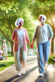 An active elderly couple strolls through a serene park, surrounded by seniors practicing yoga and tai chi, embodying healthy aging, vitality, and community well-being