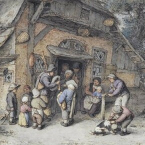 Adriaen van Ostade, Joueur de cornemuse devant une auberge . Plume et encre brune, aquarelle. 12,2 x 19,7 cm. Paris, Petit Palais, Musée des Beaux-Arts de la Ville de Paris © Petit Palais / Roger-Viollet