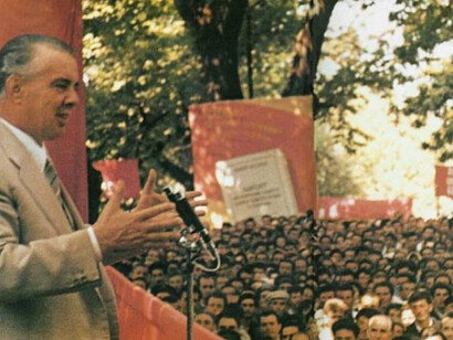 Enver Hoxha delivering a speech as the leader of communist Albania, 1967