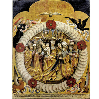 Le Couronnement de la vierge dit « la vierge du rosaire », Entourage de Daniel Mauch, vers 1510-1515, Panneau : bois peint (peuplier ?), Relief : bois polychromé, H. 67,5 ; L. 55 ; D. du relief 31,5 cm, Hambourg, Museum für Kunst und
Gewerbe, (inv. 1899.101) © Museum für Kunst und Gewerbe, Hambourg