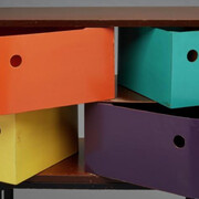 Henry P. Glass, Swing-Line Toy Chest, 1952. Lacquered Masonite and birch; 31 3/4 × 33 × 17 1/2 in. Manufactured by Fleetwood Furniture Company. Milwaukee Art Museum: Purchase with funds from the Demmer Charitable Trust, M2015.85a,b. Photograph by John R. Glembin.