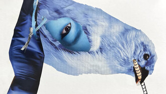 Bluebird: Spring Cleaning”, Cydney M. Lewis, hand cut paper & marker on sketchbook page, 10x8 in 15.5 x 12 frame