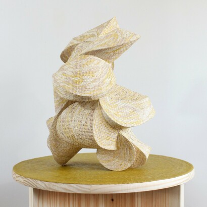 Austin Ballard, Descendant (Baroness with Canary and Oyster), 2023,
Cane webbing and epoxy clay, 20 x 14 x 11 inches. Courtesy of the artist and McKenzie Fine Art