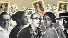 Colagem de fotografias dos membros do Grupo dos Cinco, da esquerda para direita: Menotti del Picchia, Tarsila do Amaral, Mário de Andrade, Anita Malfatti e Oswald de Andrade. A chamada Caravana Modernista era composta pelo escritor Mário de Andrade, o poeta Oswald de Andrade e seu filho Nonê, a pintora Tarsila do Amaral, o poeta franco-suíço Blaise Cendrars, os mecenas Paulo Prado e Olívia Guedes Penteado e o escritor e político Godofredo Rangel. A jornada, além de um exercício de descoberta, consolidaria uma identidade artística nacional autêntica, inspirando novas formas de expressão na literatura e nas artes visuais. Mais do que uma viagem, a Caravana Modernista foi um rito de passagem e um mergulho na essência de um Brasil que aprendia a se reconhecer
