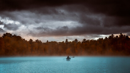 Hombre solo en un bote rema hacia un denso terreno boscoso