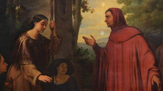 Francesco Petrarca en viaje hacia Monterivo, retratado por Cesare Masini en 1839. La pintura evoca la faceta viajera del poeta y filósofo italiano, cuya incansable búsqueda de manuscritos antiguos y amor por la cultura clásica lo convirtieron en el primer gran puente entre la Edad Media y el Renacimiento