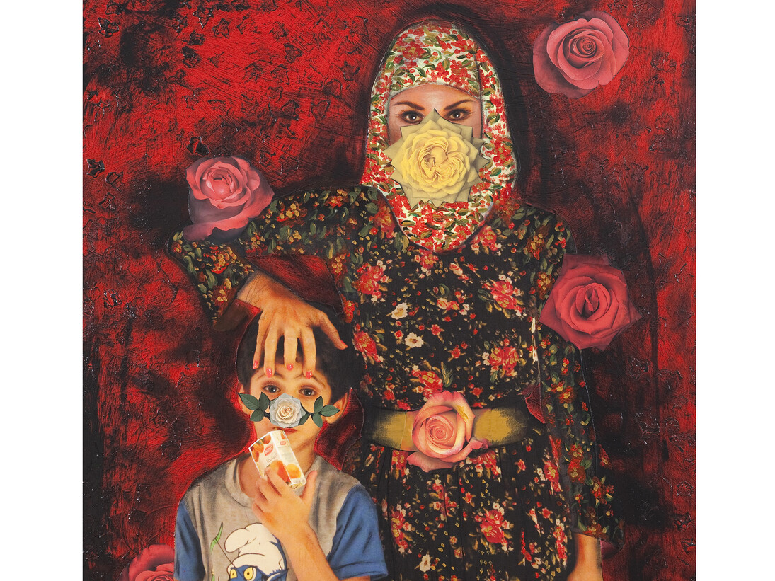 Shurooq Amin, This Way Up - Painting the Roses Red, 2013, Mixed media on canvas, 120 x 100 cm