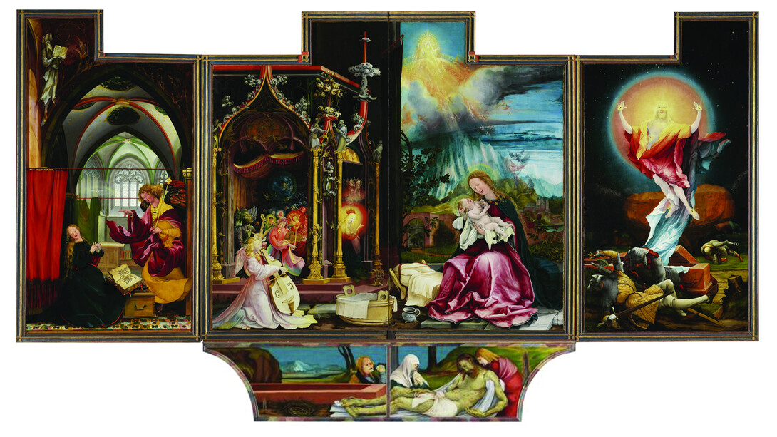 Polittico di Isenheim, 1490‐1516, Musee d’Unterlinden, Colmar: opere di Mathis Grünewald. Seconda Configurazione (da sinistra a destra): Annunciazione, Trionfo di Maria (Concerto degli angeli e Natività), Resurrezione. Ph. Jean‐Marie Savarit