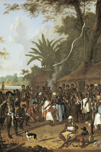 Dirk Valkenburg's painting depicts a ritual slave party on a sugar plantation in Suriname