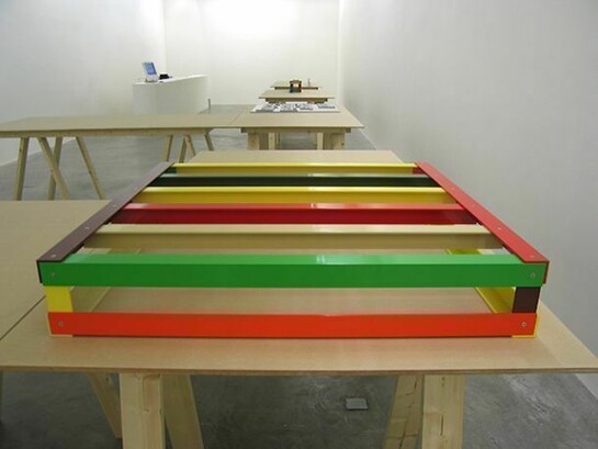 Liam Gillick, Literally Based on H.Z., 2006
Mdf, deal, water cut painted aluminium, powder coated aluminium, various transparent and opaque Plexiglas sheets, Slotted Brise Soleil detail, black Plexiglas, red Plexiglas, Dimensions variable, Collection Irish Museum of Modern Art, Purchase, 2007