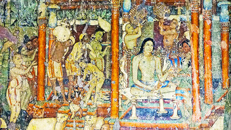 Sibi Jataka: the king undergoes the traditional rituals for renunciants. He receives a ceremonial bath, India
