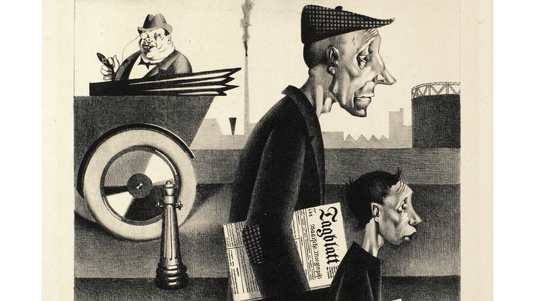 Georg Scholz, Der Zeitungsträger (Arbeit schändet) ["Paper Boy (Work Is Disgracing)"], 1921, Lithograph on paper, 7 7/8 x 8 5/8 inches (20 x 21.9 cm) - image, 12 3/4 x 15 3/4 inches (32.4 x 40 cm) - sheet, Edition of 125, Signed & titled on recto. Ubu Gallery, New York