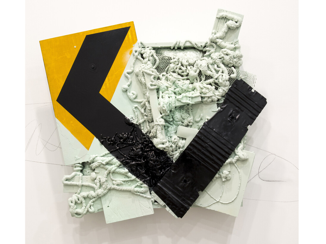 Joe Fleming, The Flood #2, 2014, Enamel, spray foam, street sign, metal, and wood, 45 x 42 x 10 inches (114.3 x 106.7 x 25.4 cm)  