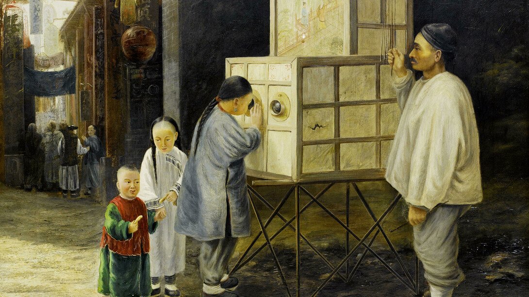 John Thomson (1837–1921), Magic Lantern Peep Show, 1877. Oil on canvas, 51 × 61 cm. Signed bottom right: J. Thomson / F.R.G.S. / 1877. Image courtesy of Bonhams, Lot 53, Sale 17849, London, New Bond Street, 15 September 2010