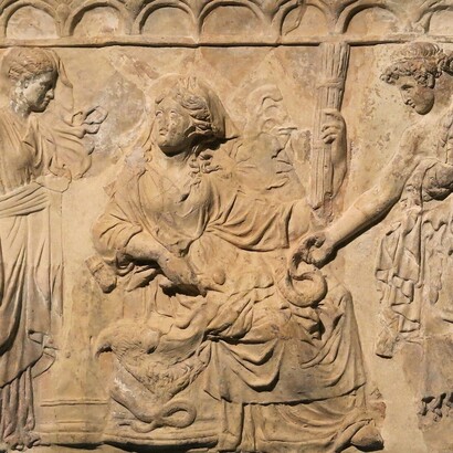 Placca Campana - Iniziazione ai Misteri Eleusini. Prima metà del I secolo a.C. Terracotta. Acquisto della collezione Campana 1861. Museo del Louvre, Parigi, Francia