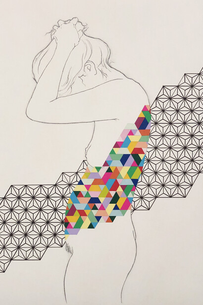 Chiho Harazaki, Ingrained - Asanoha, graphite, washi tape on paper, 22x30 inches. Courtesy of the artist and Launch LA