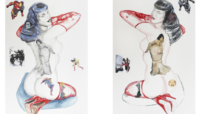 Margaret Harrison, You Looking at Me?, 2013, watercolor on paper, diptych: 28 x 19 ½ inches each, Courtesy of Ronald Feldman Fine Arts, New York