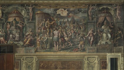 Bottega di Raffaello.Pared "Visión de la Cruz" antes de la restauración. Sala de Constantino. Foto gentileza de los Museos Vaticanos