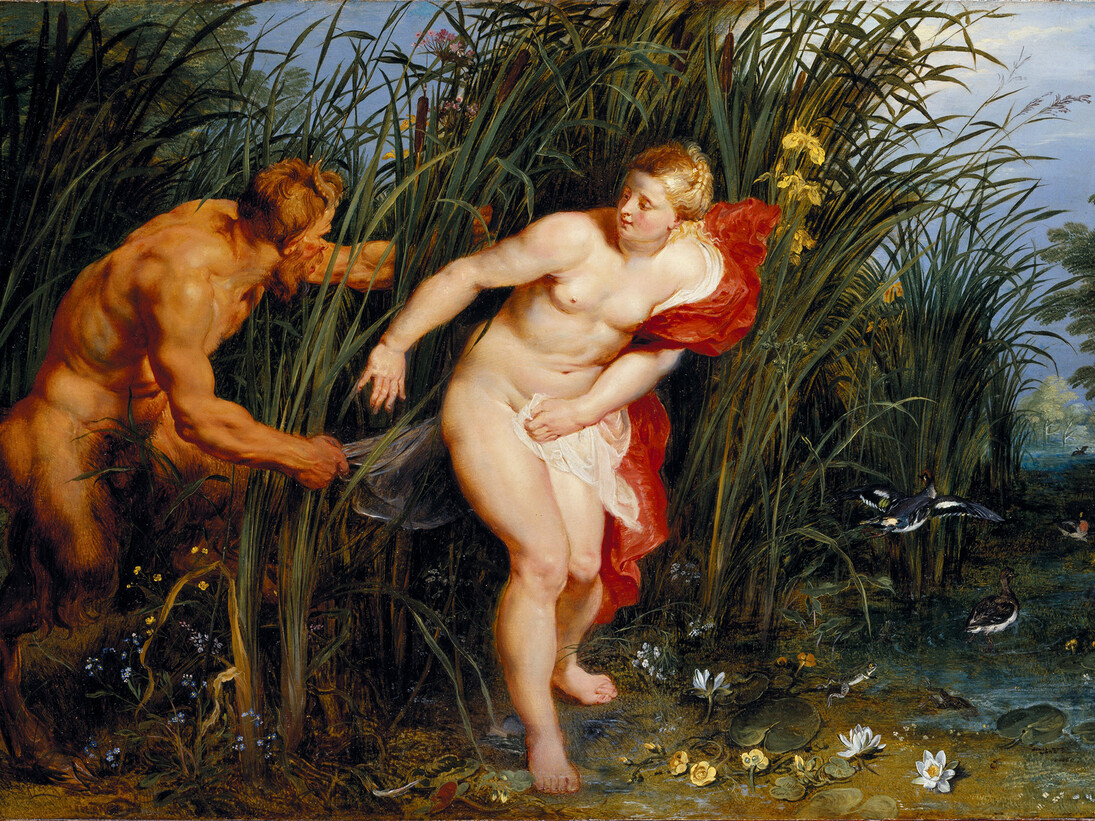 Peter Paul Rubens, Pan and Syrinx, 1617, Oil on panel, 40 x 61 cm, Museumslandschaft Hessen Kassel, Gemäldegalerie Alte Meister, Kassel, Photo: Museumslandschaft Hessen Kassel, Gemäldegalerie Alte Meister/Ute Brunzel, Exhibition organised by the Royal Museum of Fine Arts, Antwerp, Royal Academy of Arts, London, and Centre for Fine Arts, Brussels