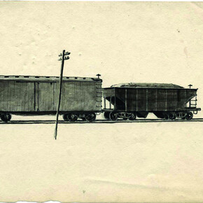 Charles Pollock, Railway Cars, ca. 1934. Ink and wash on paper. Private collection. © Charles Pollock Archives