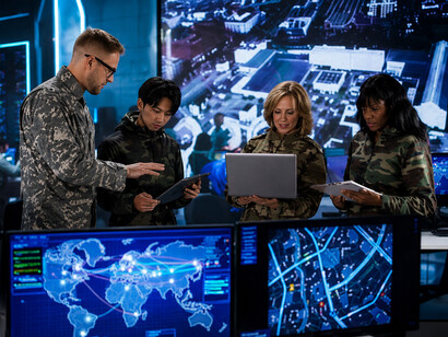 Soldiers monitoring real-time intelligence and operational data in a military command and control center