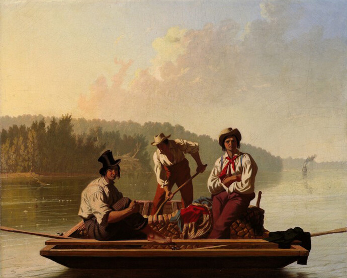George Caleb Bingham, 'Boatmen on the Missouri', 1846. Oil on canvas. Fine Arts Museums of San Francisco, Gift of Mr. and Mrs. John D. Rockefeller 3rd, 1979.7.15