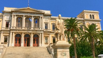 The Ermoupoli Town Hall in Miaouli Square, Syros, representing the elegance and grandeur of the island's historic civic architecture