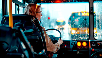 A portrait of a blonde woman driving a bus