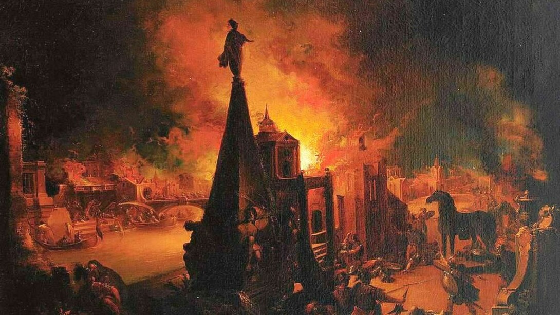 The author holds that the established elites ignored the right-wing populist chats conducted in the new social media, which played the role of a Trojan horse during the 2016 election year. Painting: “View of the burning Troy” (ca. 1760–1769) by Johann Georg Trautmann. Collections of the Grand Dukes of Baden, Karlsruhe, Germany