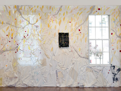 Todd Knopke, Ripple, 2015, fabric, thread, wood, mylar, vinyl, yarn, string, 22 x 21 x 1 inches
