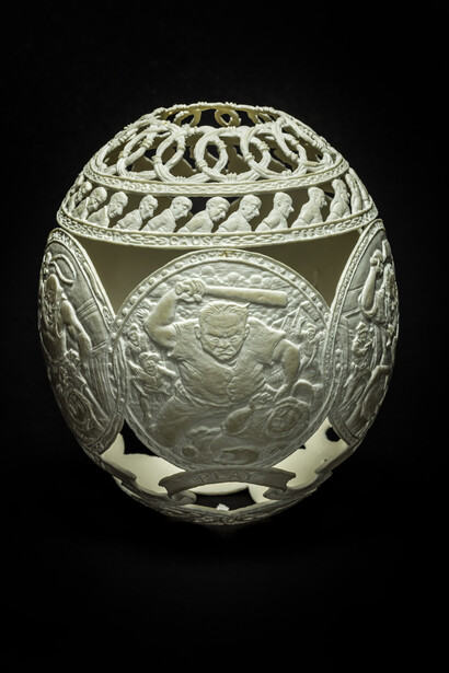 Gil Batle, 2014, It’s Your Fault II, Carved Ostrich Egg Shell, 6.5 x 5 x 5 in $14,000, GB 9