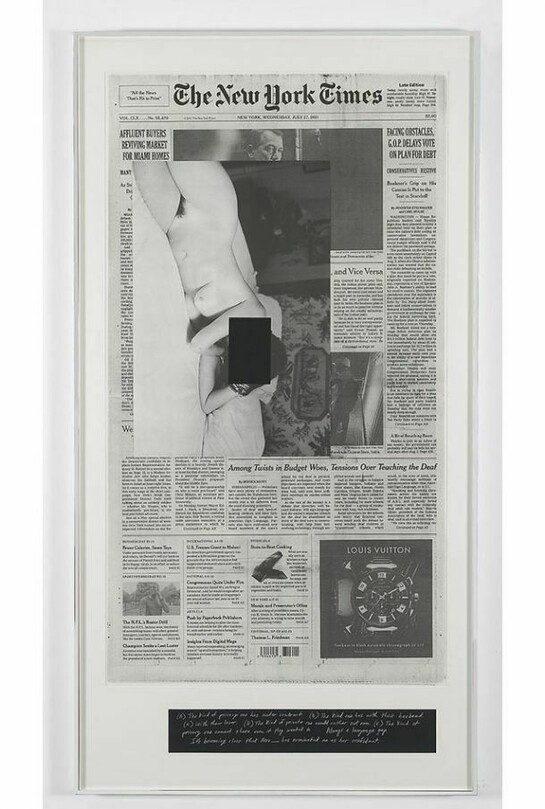 Leigh Ledare, An Invitation: Wednesday, July 27, 2011, 2012, Photolithograph on archival newsprint, silkscreen and pencil, 91 1/4 by 47 3/4 in. 231.8 by 121.3 cm