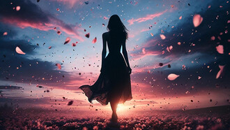 Sombra éterea de uma mulher some com o pôr do sol que mistura cores azuis e rosa no horizonte