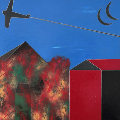 Franco Angeli, Casa rossa con piramide, 1985-86, tecnica mista su tela